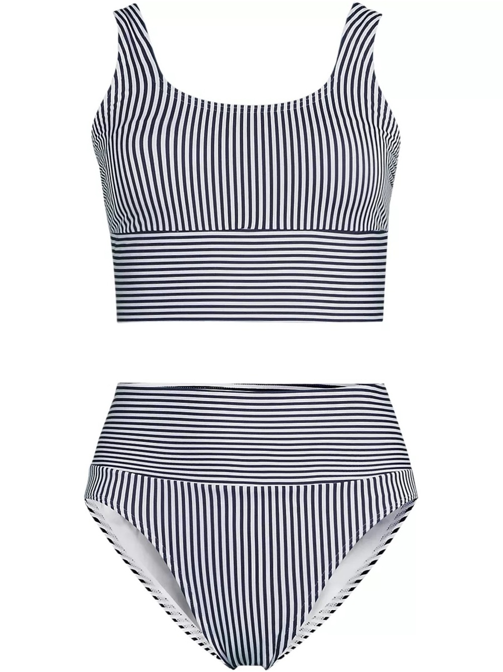 Striped High-Waist Bottom Midkini Top Set - Navy and White